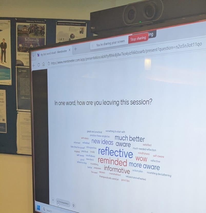 Word cloud of participant responses: reflective, reminded, more aware, much better, new ideas, informative